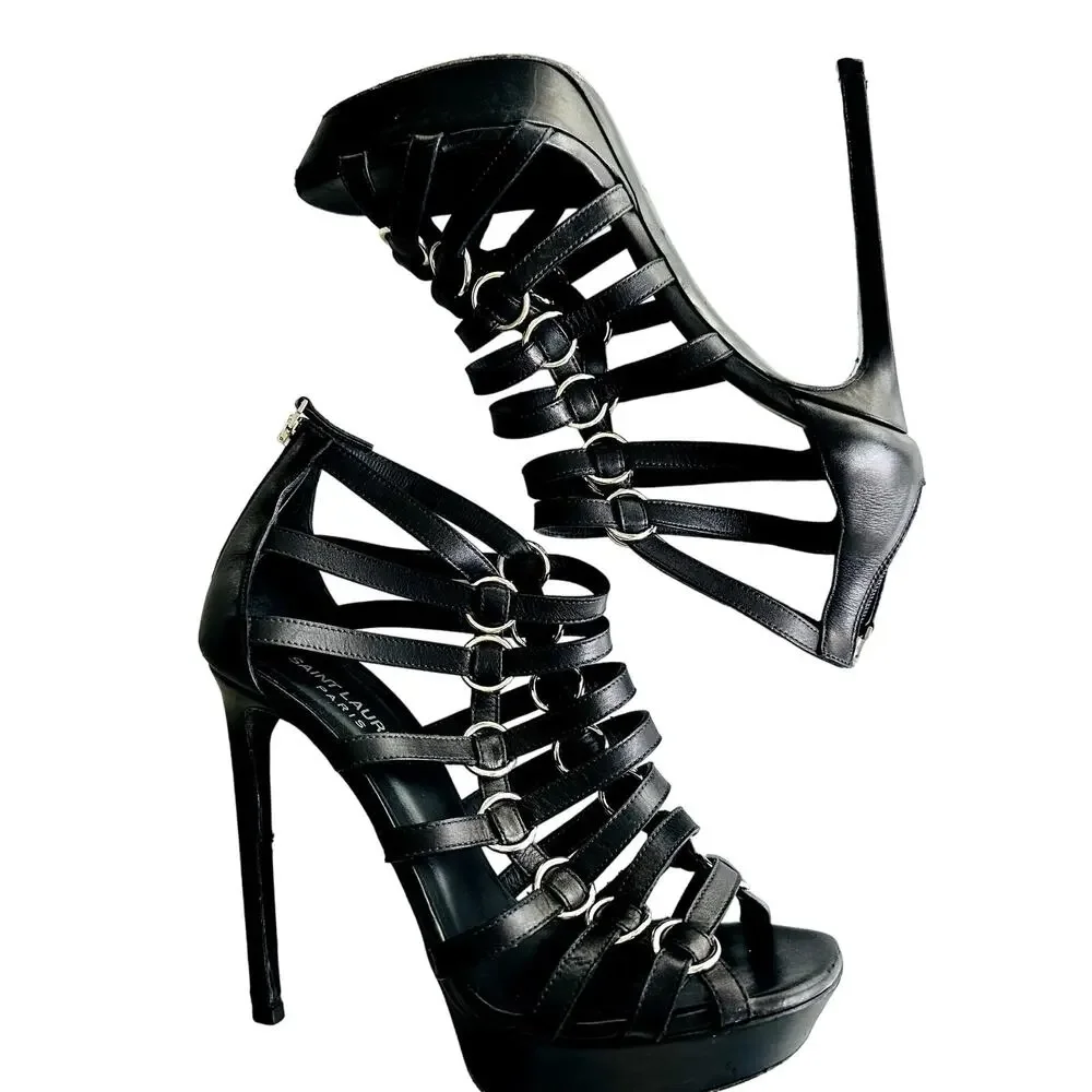 Saint Laurent Nina Cage Sandals Size 38.5 Calfskin Black w/Box Dustbag 316198 - Picture 3 of 12